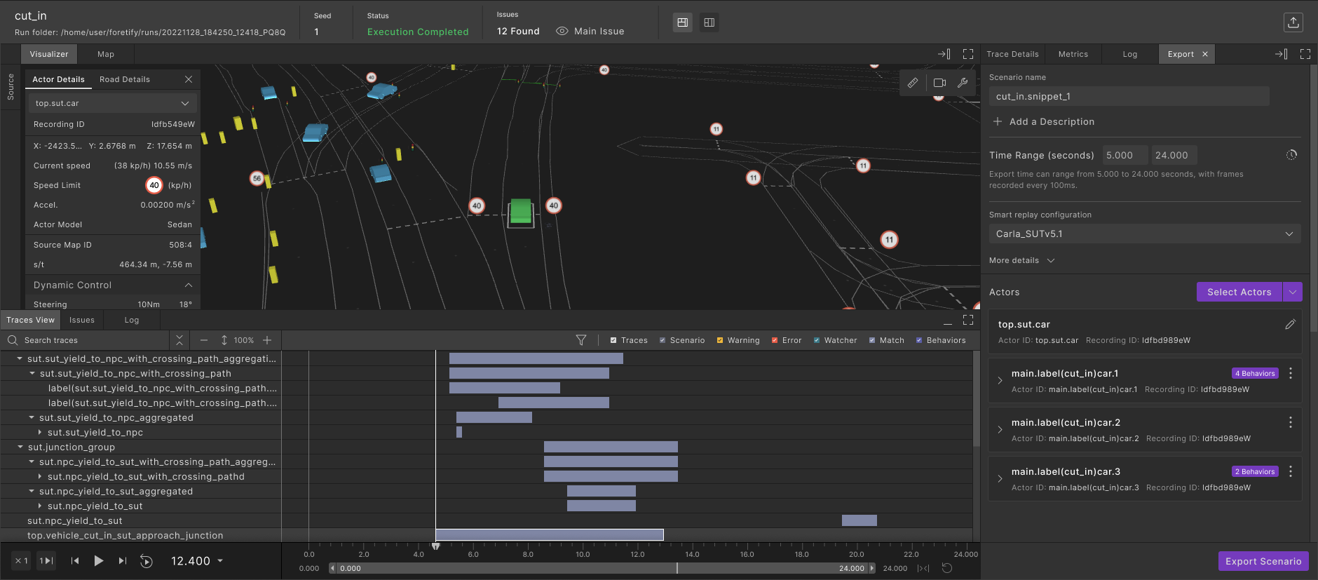 An early design inside the run debugger: a map and timeline of a recorded run, and an export panel listing the recorded actors, some with behaviour changes attached, above an Export scenario button