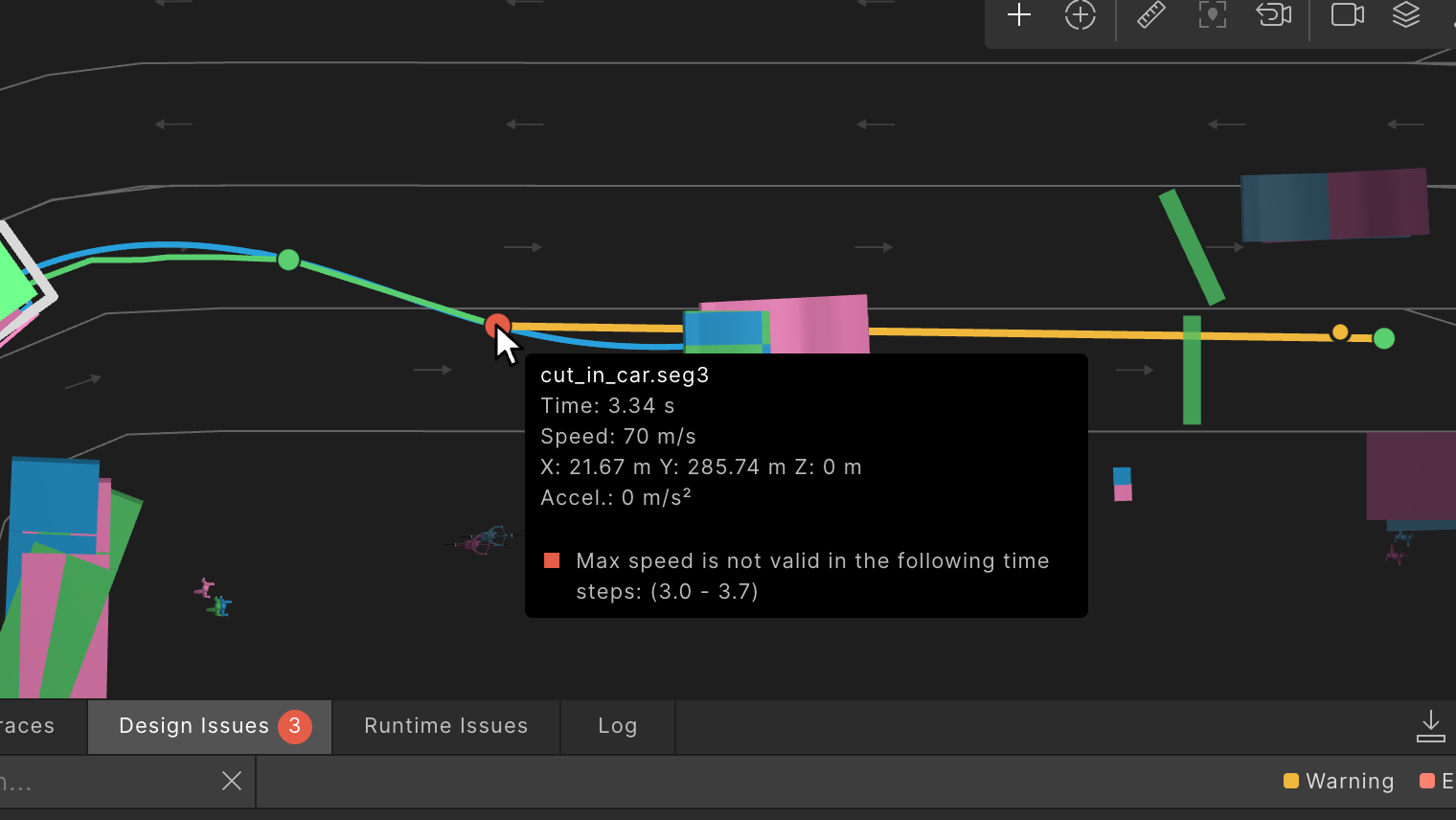A close view of the map with the pointer on a red waypoint: a tooltip with the waypoint's time, speed and position, and under them the message that the speed is not valid in specific time steps