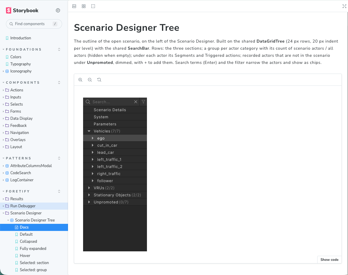 The Scenario Designer Tree in Storybook: its documentation page says it is built on the shared DataGridTree and SearchBar, beside the tree itself and a list of its stories