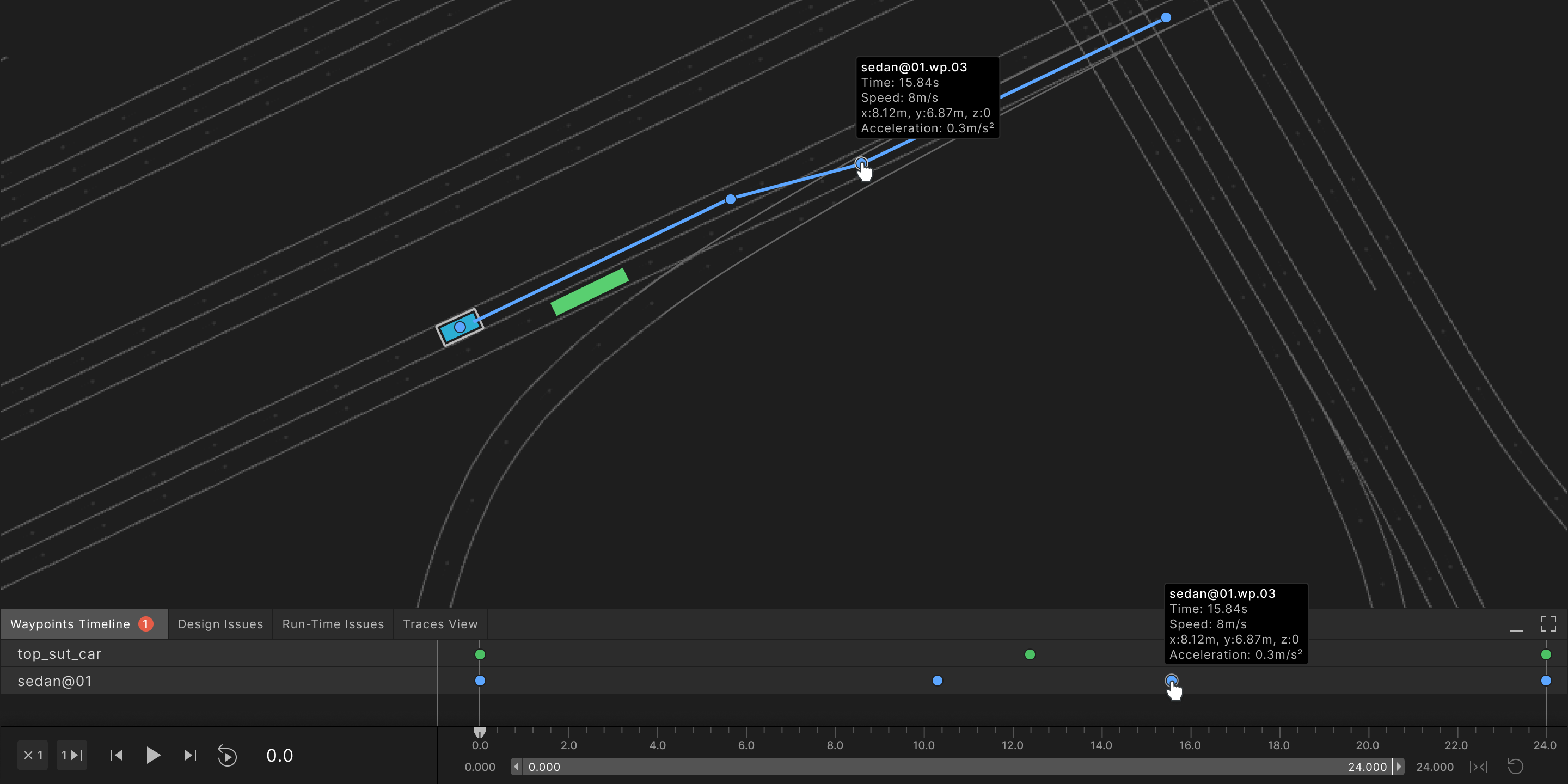 A design frame: a path with four waypoints on the map, and under it a timeline with one row for each actor and a dot for each waypoint, the hovered waypoint showing the same details in both places