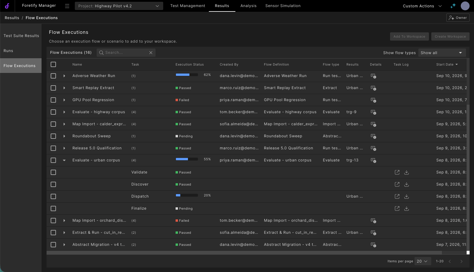 Flow Executions under Results: launched flows with their type, status, progress and per-step logs