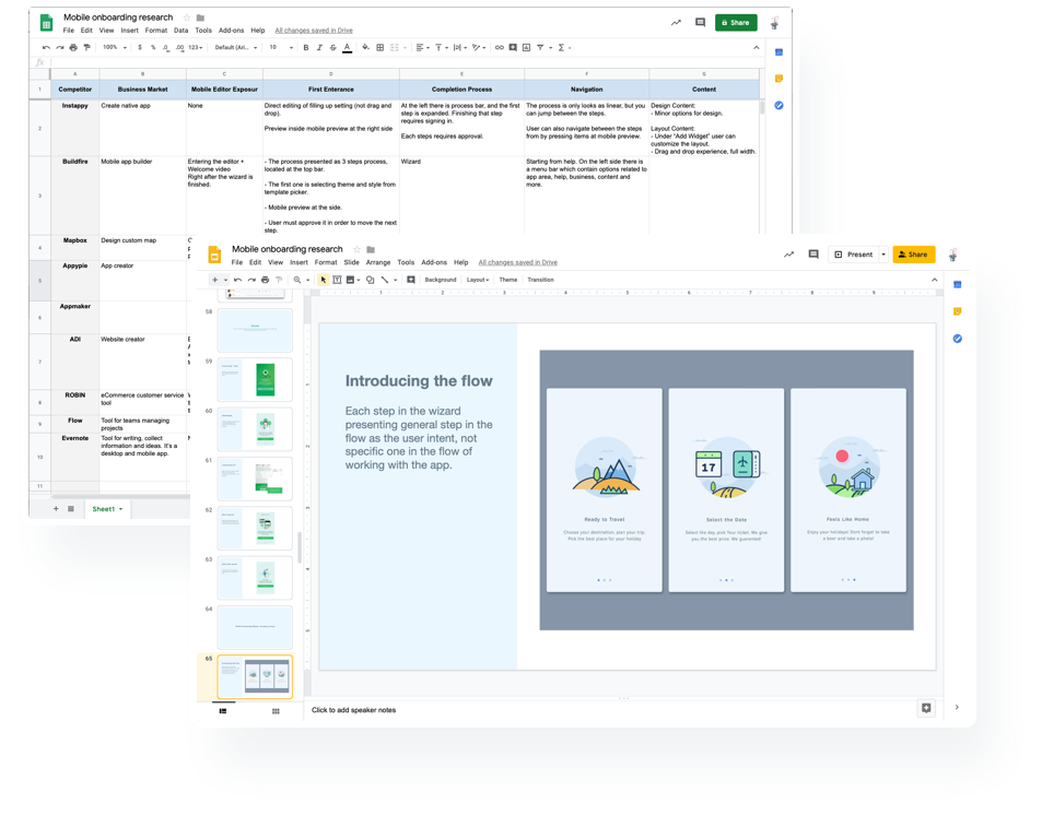 A spreadsheet comparing mobile onboarding in nine products by business market, editor exposure, first entrance, completion process, navigation and content, beside a research deck slide about introducing the flow