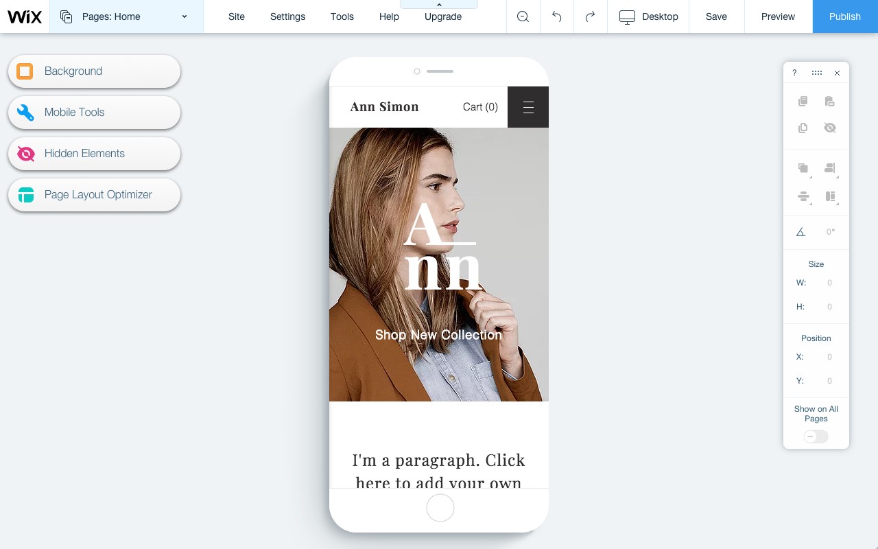 The Mobile Editor after the intro: the owner's site on a phone, with the mobile tools on the left: background, mobile tools, hidden elements and page layout optimizer