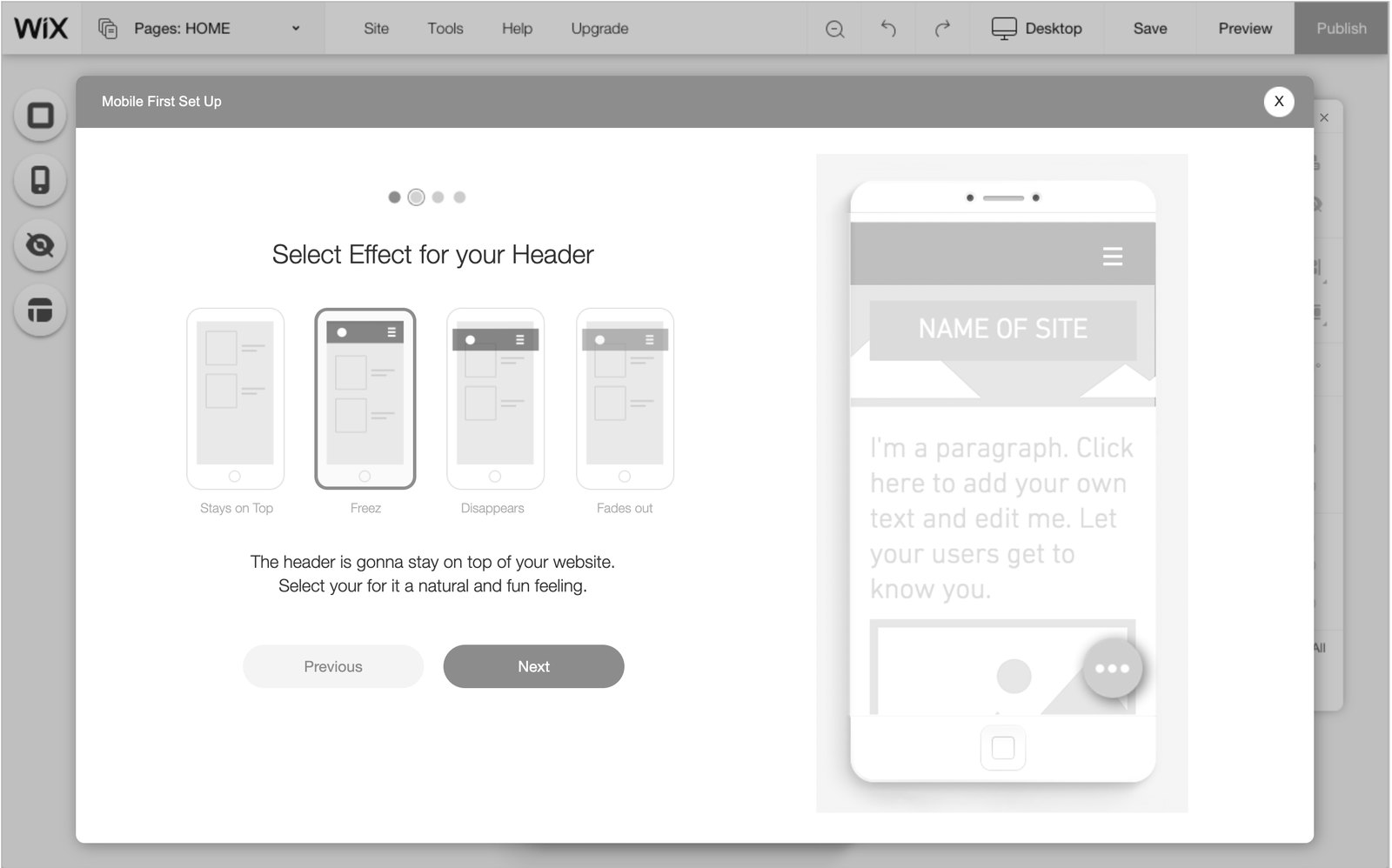 Prototype A: a set-up dialog over the editor, choosing a header effect, with a phone preview