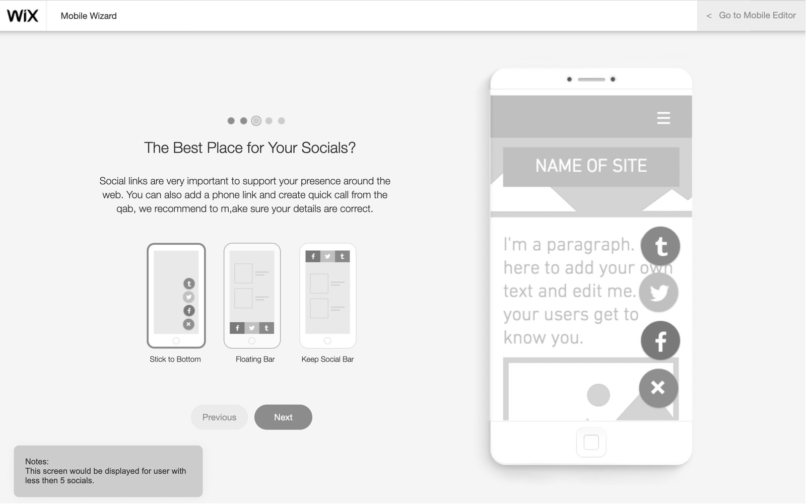 Prototype B: a full-page mobile wizard asking where social links should go, with a phone preview