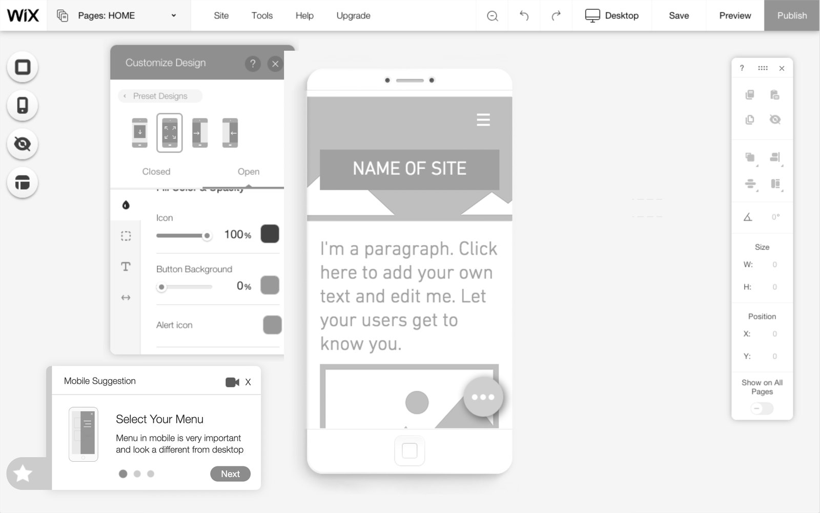 Prototype C: a small mobile suggestion card inside the editor, next to the design panel