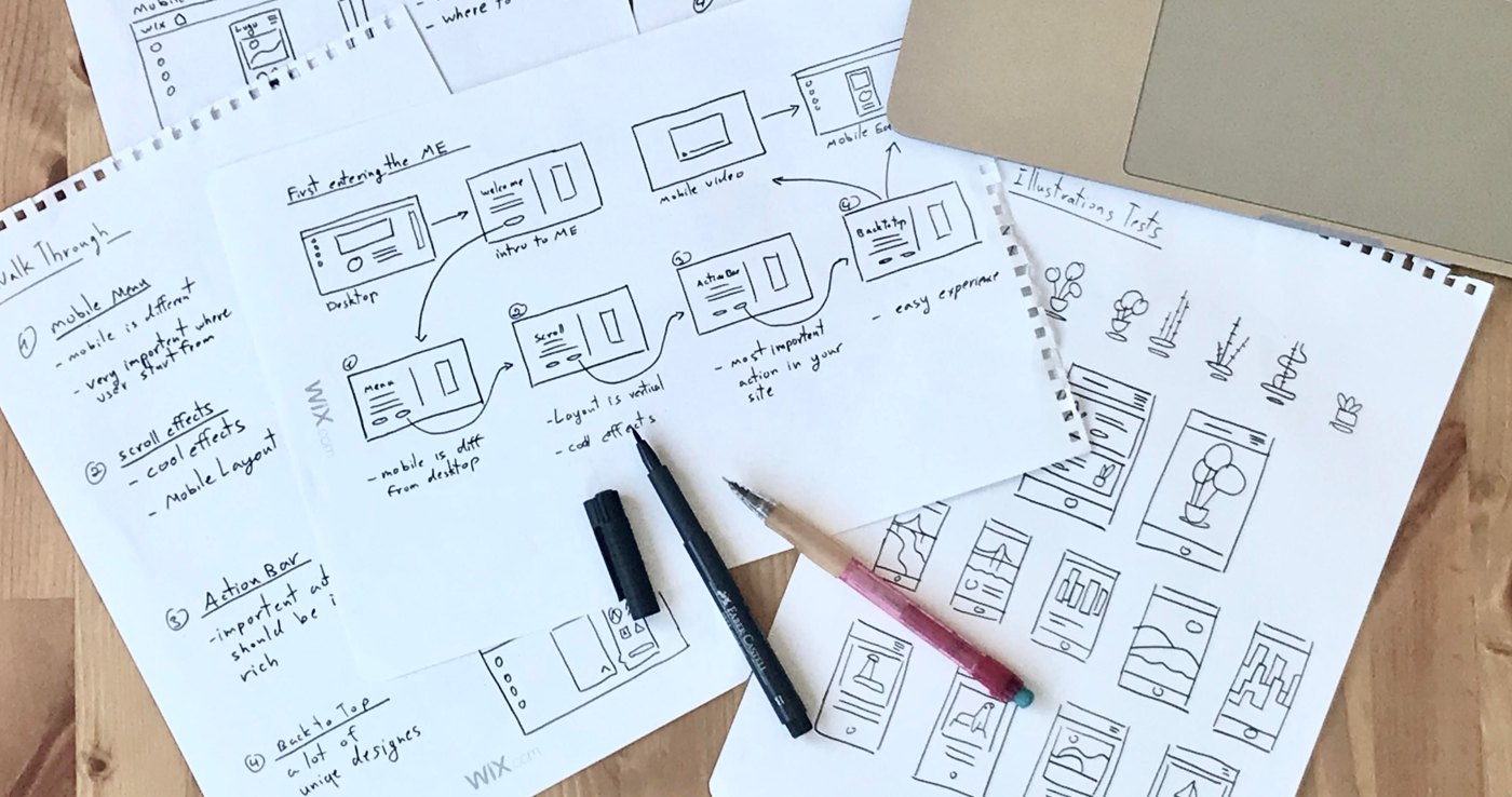 Paper sketches on a desk: a walk-through for the mobile menu, scroll effects, action bar and back to top, with arrows between screens and illustration tests