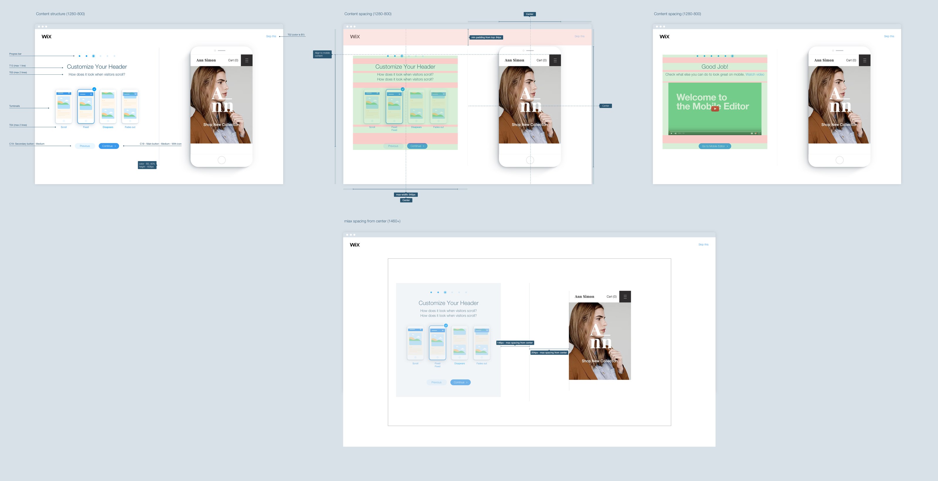 Spec board for the intro: content structure at 1280 by 800 with labelled text styles, buttons and thumbnails, content spacing with measured paddings, the last screen, and maximum spacing from the centre at 1460 and wider