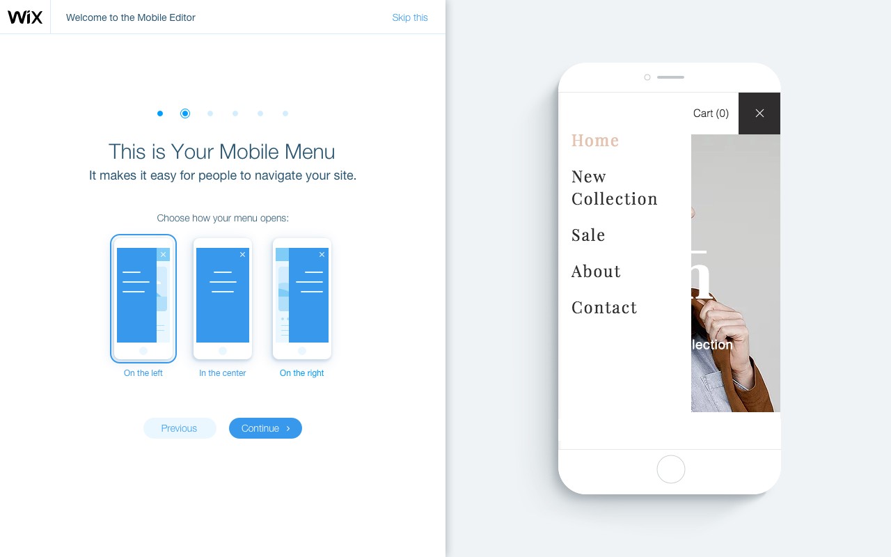 Intro step: This is your mobile menu. Choose how your menu opens: on the left, in the center or on the right. The owner's site is shown on a phone with the menu open.
