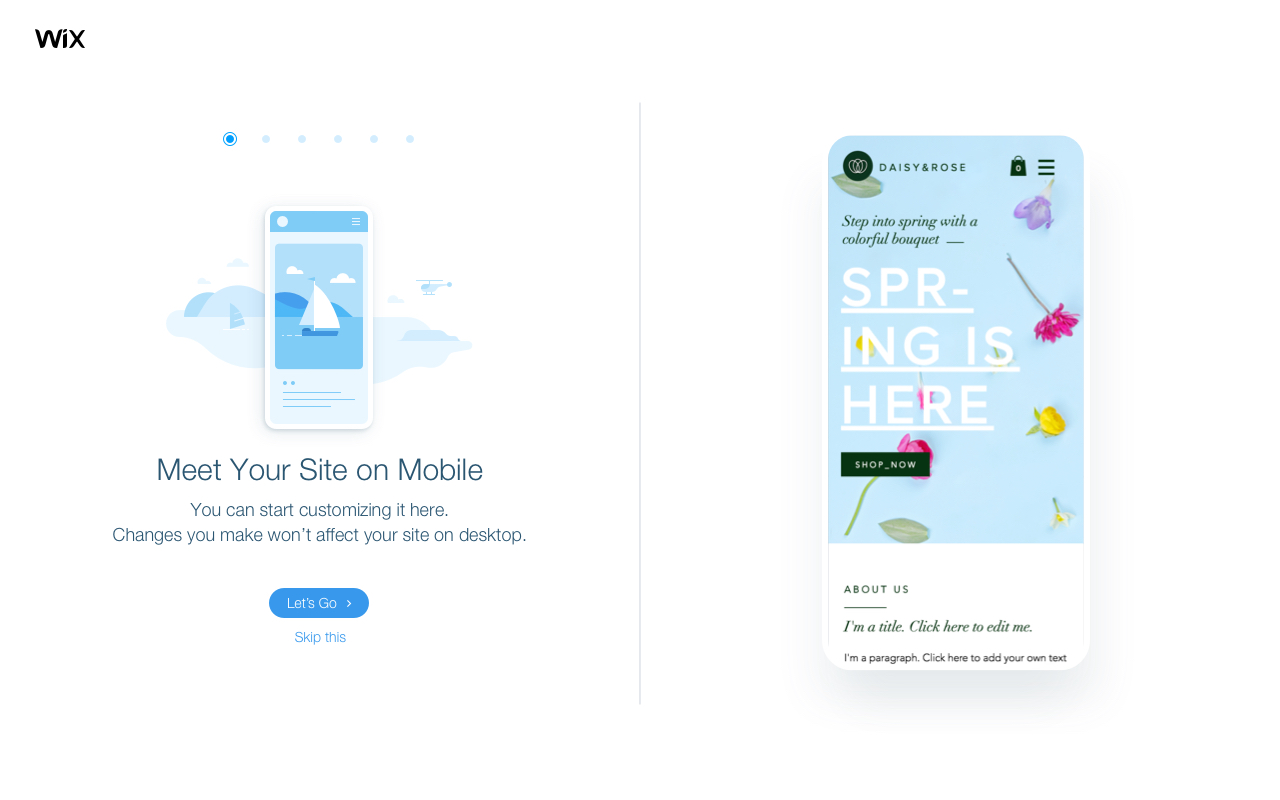 The intro's first screen: Meet your site on mobile. You can start customizing it here. Changes you make won't affect your site on desktop. Buttons: Let's go and Skip this. The owner's site is shown on a phone on the right.